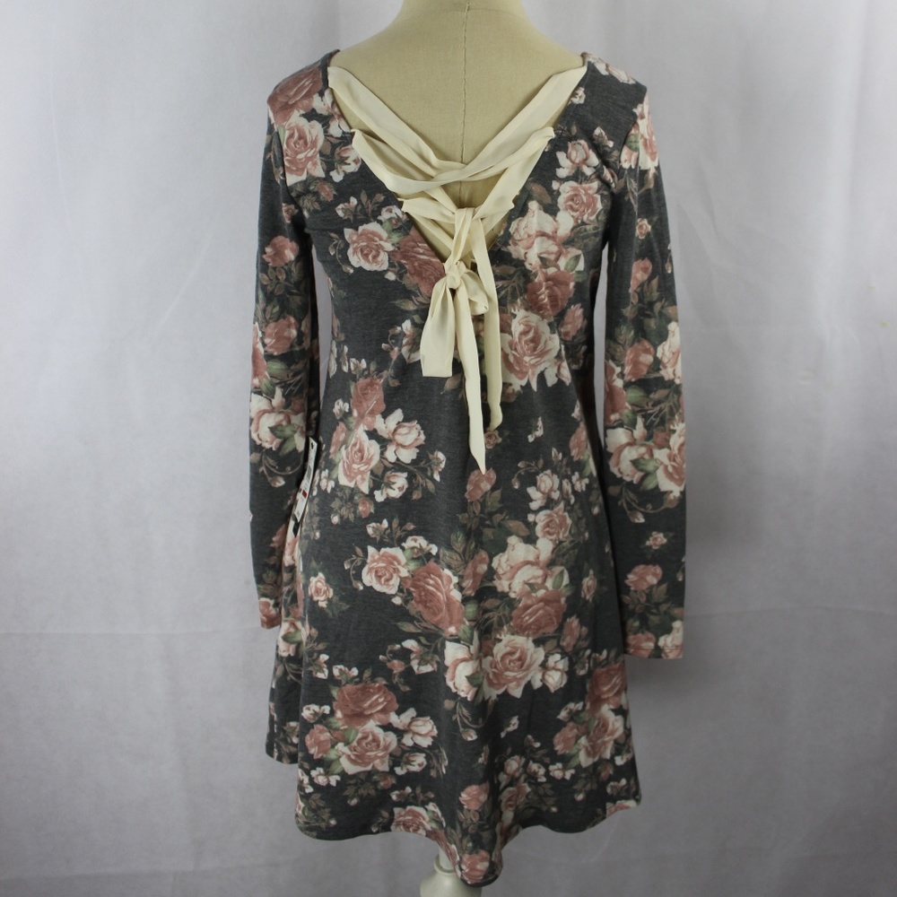 BCX Juniors Printed Lace-Back Dress Grey Floral M - Picture 3 of 3